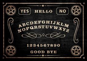 Planchette of Ouija Board on wooden texture. Poster with game of ghosts. Halloween play with calling souls and demons. Party poster. Graphic, typography, alphabet, letters, numbers. photo