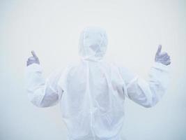 Asian male doctor or scientist in PPE suite uniform showing thumbs up with turn back. coronavirus or COVID-19 concept isolated white background photo