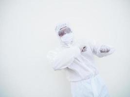 Confident asian male doctor or scientist in PPE suite uniform standing like dance at looking ahead with copy space for text or design in the white background. coronavirus or COVID-19 concept. photo