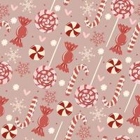 Seamless pattern with Christmas candies and snowflakes. Vector graphics.