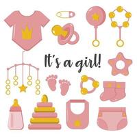 It's a girl. Set of elements for the birth of a baby. Cute collection newborn girl's elements. Nice-to-have items for newborn. Suitable for the design of invitations, banners, postcards. vector