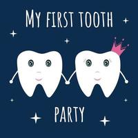 Cute first tooth party postcard and invitation card. Cute smiling childish character tooth boy and girl. The couple of white tooth for baby card. vector