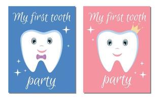 The invitation to the first tooth party for baby boy and baby girl. Cute childish first tooth. Can be used to decorate a children's party, poster, invitation. vector