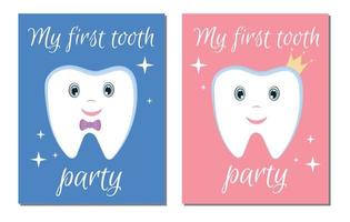 The invitation to the first tooth party for baby boy and baby girl. Cute childish first tooth. Can be used to decorate a children's party, poster, invitation. vector