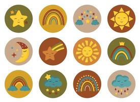 Set of circle icons for website, stories highlights with boho baby rainbows, sun, stars, clouds. Abstract modern social media blogger set, stories cover. Round stickers, pin, badge design for kids vector