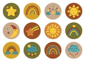 Set of circle icons for website, stories highlights with boho baby rainbows, sun, stars, clouds. Abstract modern social media blogger set, stories cover. Round stickers, pin, badge design for kids vector