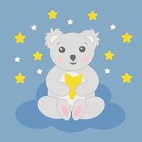 tarjeta de dulces sueños con un gracioso y lindo koala en la nube. el pequeño koala sostiene la estrella. tarjeta de buenas noches. ilustración vectorial para imprimir en la pared, decoración de cuarto de niños en estilo plano. vector