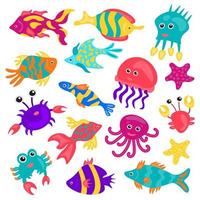 conjunto de animales marinos de dibujos animados sobre fondo blanco. Ilustración de vector de peces de acuario de naturaleza submarina. medusas, pulpos. buceo, esnórquel. ilustración vectorial de peces tropicales. naturaleza submarina.