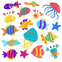 Isolated cartoon aquarium fish. Tropical fish vector illustration isolated on white background. Jellyfish, octopuses. Hand drawn cute ocean or sea water exotic animal collection. Underwater nature.