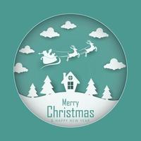 Christmas greeting and Santa Claus sleigh silhouette with paper style design vector