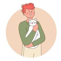 Man holding white cat in his arms. Concept of love for pets. Design element isolated on background with circle. Outline flat vector. vector