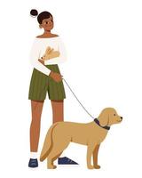 Woman standing and holding rabbit in his arms and dog on leash. Concept of love for pets. Design element isolated on white background. Flat vector. vector