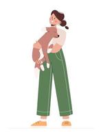 Woman standing and holding dog in his arms. Concept of love for pets. Design element isolated on white background. Flat vector. vector