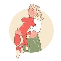 Woman holding red dog in his arms. Concept of love for pets. Design element isolated on background with circle. Outline flat vector. vector