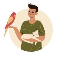 Man holding cat and bird in his arms. Concept of love for pets. Design element on background with circle. Outline flat vector. vector