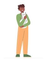 Man standing and holding cat in his arms. Concept of love for pets. Design element isolated on white background. Flat vector. vector