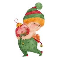 Christmas elf story, elf carries a Christmas ball vector