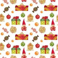 Christmas Elves Factory pattern with gingerbread and lollipops and gifts vector