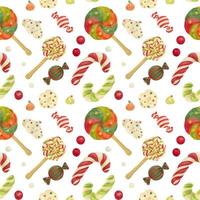 Christmas Elves Factory pattern with candy canes, lollipops, zefirs and candies vector