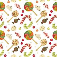 Christmas Elves Factory pattern with candy canes, lollipops, zefirs and candies vector