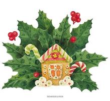 Christmas holly bouquet with gingerbread house, , traced watercolor vector