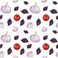 Watercolor seamless pattern with garlic, violet basil and tomato vector