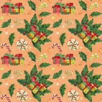 Christmas Holly pattern with gifts and and candy cane and lollipop, traced watercolor vector