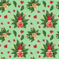 patrón verde acebo navideño con gnomo y casa de pan de jengibre y bastones de caramelo, acuarela trazada vector