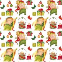 Christmas Elves Story seamless watercolor pattern for good night vector