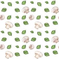 Traced watercolor seamless pattern with champignons and green basil vector