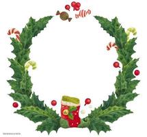 Christmas holly wreath with stocking and candy canes, watercolor illustration vector