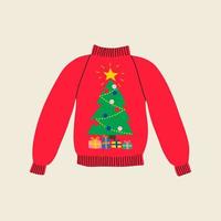 Christmas ugly red winter sweater in flat line trendy style, green Xmas tree red costume with gifts. Hand drawn holiday cartoon colorful vector illustration for party. Warm knitted jumper.