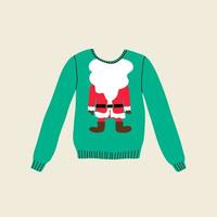 Christmas ugly green winter sweater in flat line trendy style, Santa Claus red costume with beard. Hand drawn holiday cartoon colorful vector illustration for Xmas party. Warm knitted jumper.
