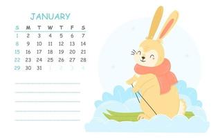 January children's calendar 2023 with an illustration of a cute rabbit on skis. 2023 is the year of the rabbit. Vector winter illustration of the calendar page.