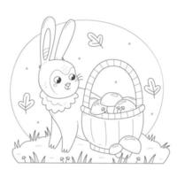 Cute rabbit with a basket of mushrooms coloring page. Bunny collects mushrooms children's coloring book. Vector black and white illustration.