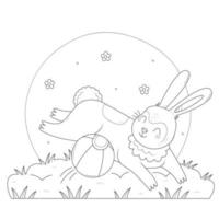 Cute rabbit is playing with a coloring pages ball. A running bunny with a toy children's coloring book. Vector black and white illustration.