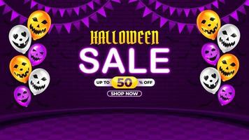 Halloween Sale Promotion with scary balloon and brick texture vector, happy halloween 2022 background for business retail promotion, banner, poster, social media, feed, invitation