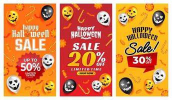 promoción de venta de halloween con globos aterradores y vectores de caramelos, feliz fondo de halloween para la promoción comercial al por menor, pancarta, afiche, medios sociales, alimentación, invitación