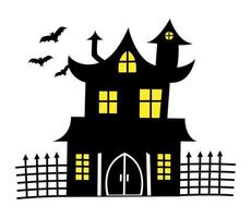 Vector Haunted House and bats simple illustration for Halloween. Black groovy house with yellowe light in the windows.