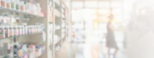 Pharmacy drugstore shelves interior blur medical background photo