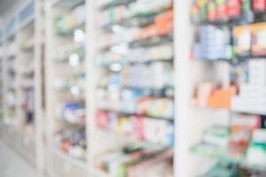 Pharmacy blur background with medicine on shelves photo