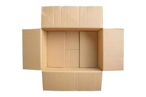 Open empty brown cardboard box isolated on white background top view photo