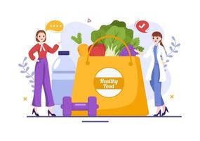 tienda de nutrición con suplemento dietético de vitaminas y minerales como frutas o verduras frescas plantilla dibujada a mano ilustración plana de dibujos animados vector