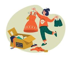 Goods delivery. Online shopping. The girl received a package with new outfits. A woman is holding a new dress and new shorts in her hands. Vector image.