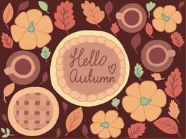 Vector Autumn dinner table top view isolated. Flat style pumpkin pie and coffee on table.