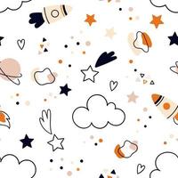 Cute space pattern with rockets and stars. Seamless vector in doodle style. For wallpaper in the nursery or textiles