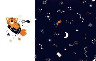 bebé animal leopardo en un cohete. el conjunto es un clipart aislado y un patrón impecable con espacio y estrellas. lindo estampado para ropa de niños vector