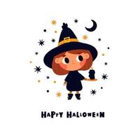 Cute postcard with a little witch. Happy Halloween. Scandinavian baby style vector