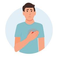 Man with chest pain. Concept of heart pain, discomfort .Isolated. Vector illustration in flat cartoon style. Health and medicine.