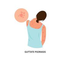 The woman is scratching her back.  Pustular psoriasis.Allergic itching, skin inflammation, redness and irritation. Atopic dermatitis, eczema, psoriasis, dry skin. Skin problems vector